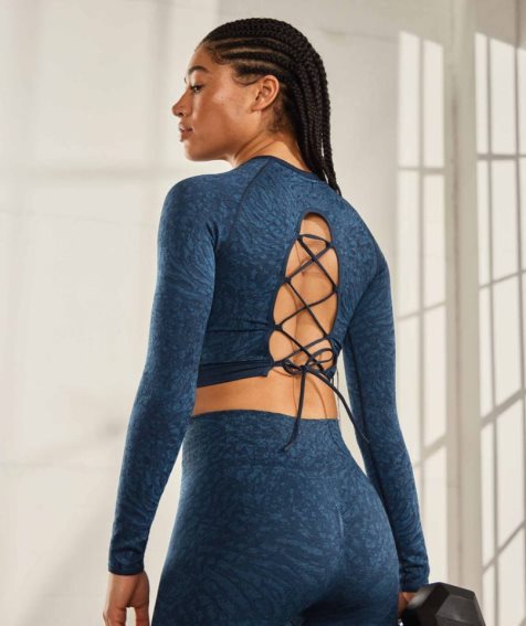 Camisa Recortada Gymshark Adapt Animal Seamless Encaje Up Back Mujer Azul Marino | ES0917-UE