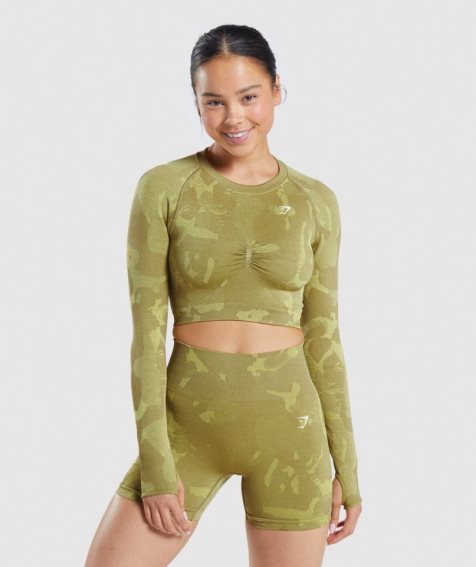 Camisa Recortada Gymshark Adapt Camo Seamless Long Sleeve Mujer Verde | ES8721-PK