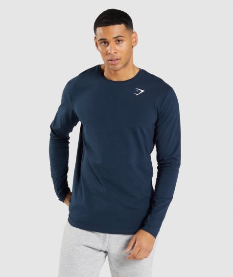 Camiseta Gymshark Essential Long Sleeve Hombre Azul Marino | ES2789-OC