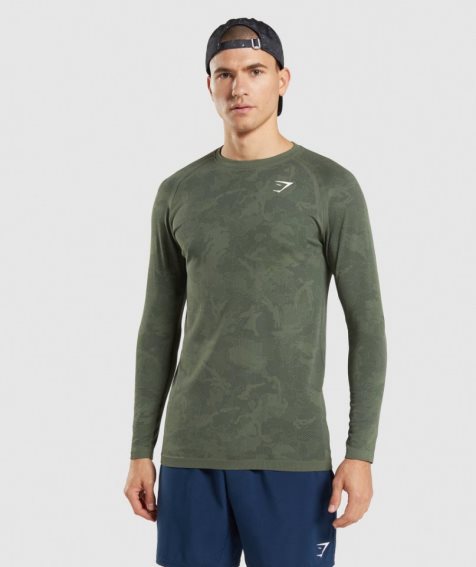 Camiseta Gymshark Geo Seamless Long Sleeve Hombre Verde Oliva | ES5620-LV