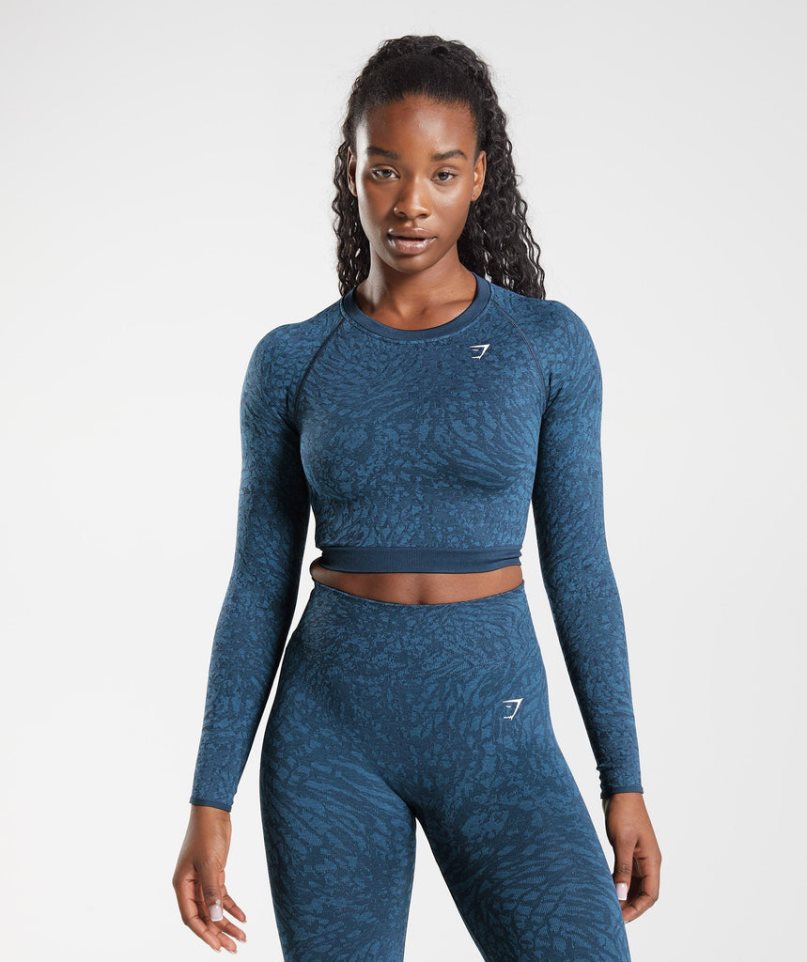 Camisa Recortada Gymshark Adapt Animal Seamless Encaje Up Back Mujer Azul Marino | ES0917-UE