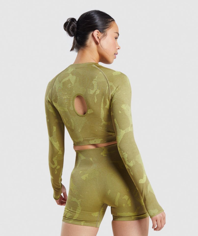 Camisa Recortada Gymshark Adapt Camo Seamless Long Sleeve Mujer Verde | ES8721-PK