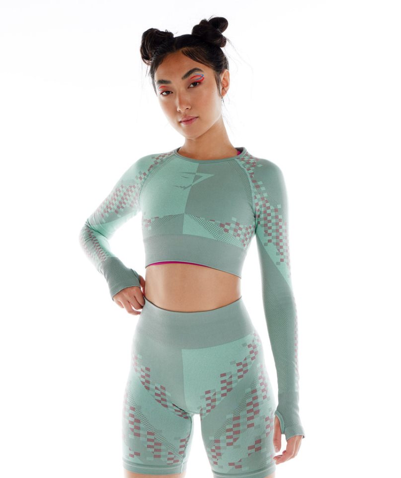 Camisa Recortada Gymshark Wtflex Cyborg Seamless Long Sleeve Mujer Verde | ES0629-BO