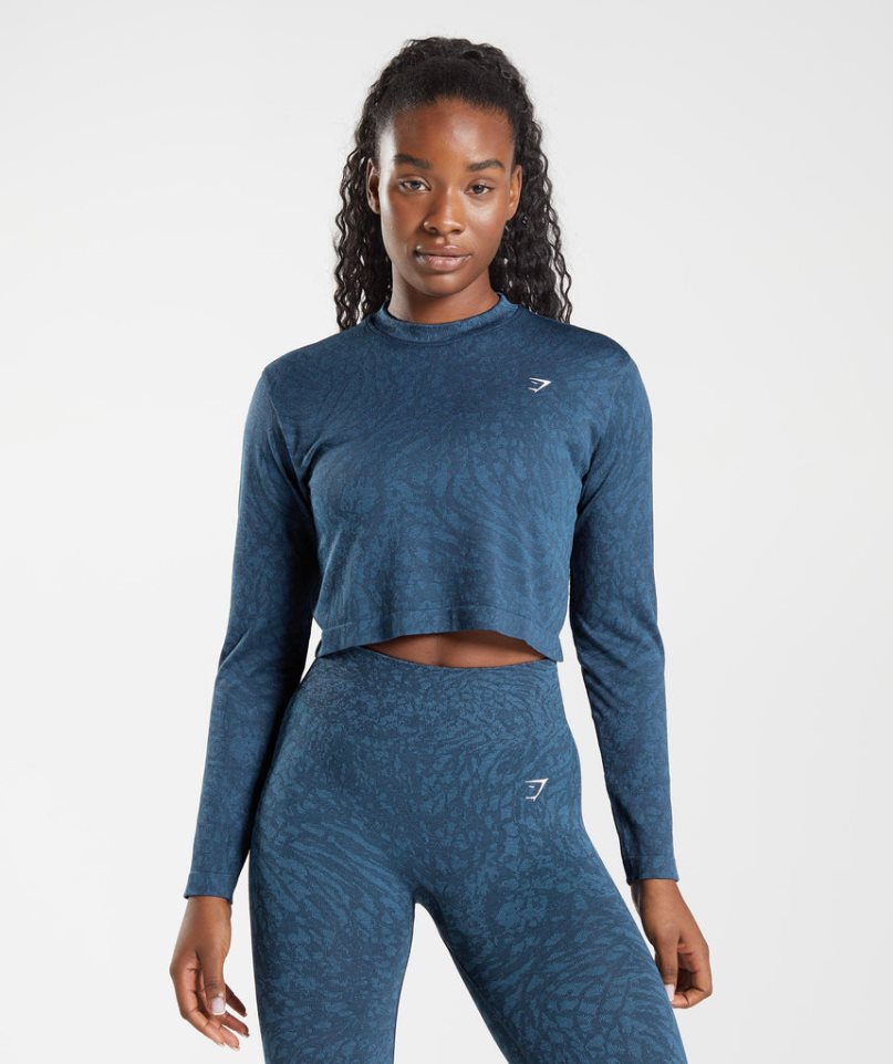 Camiseta Gymshark Adapt Animal Seamless Long Sleeve Top Mujer Azul Marino | ES7163-BD