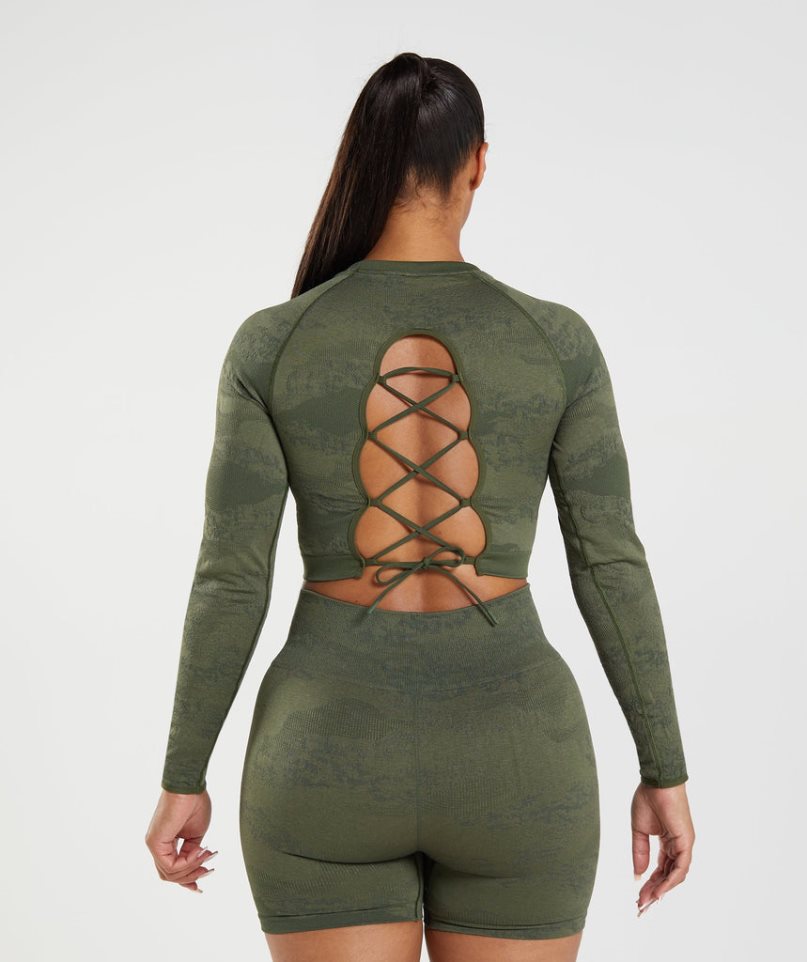 Camiseta Gymshark Adapt Camo Seamless Encaje Up Back Top Mujer Verde Oliva | ES5381-GL