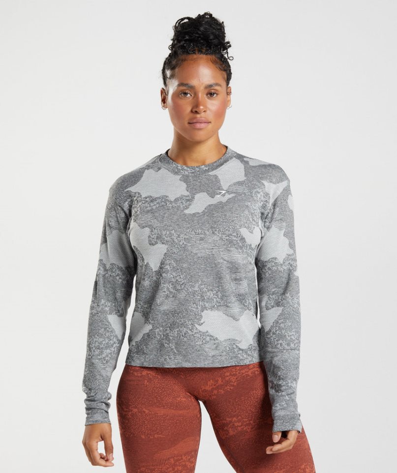 Camiseta Gymshark Adapt Camo Seamless Long Sleeve Top Mujer Gris | ES5741-UN