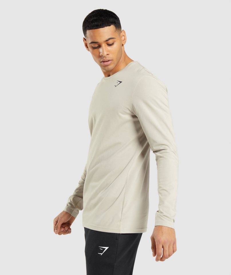 Camiseta Gymshark Essential Long Sleeve Hombre Beige | ES8193-IN