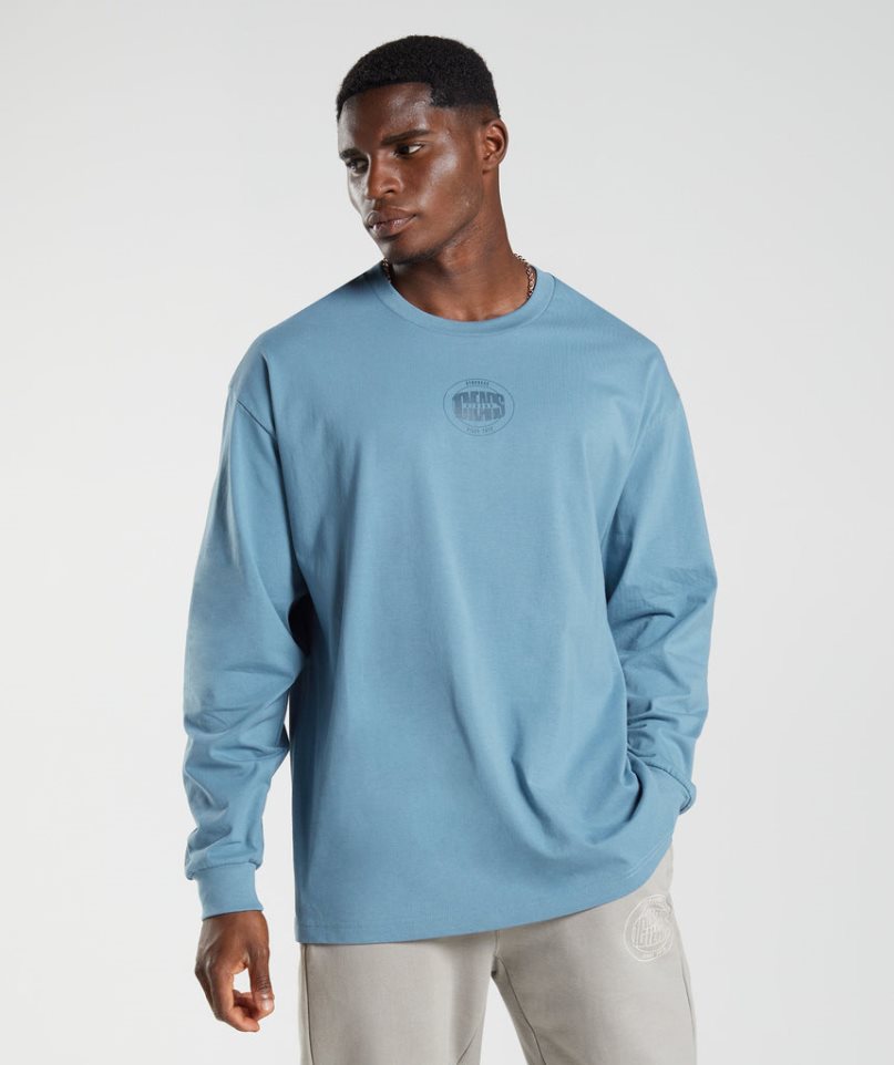 Camiseta Gymshark GS10 Year Oversized Long Sleeve Hombre Azules | ES2341-DG