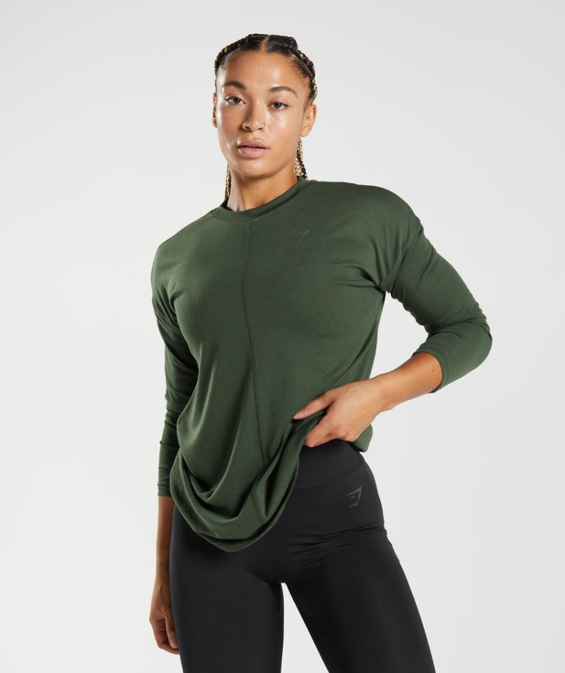 Camiseta Gymshark GS Power Long Sleeve Mujer Verde Oliva | ES5938-ES