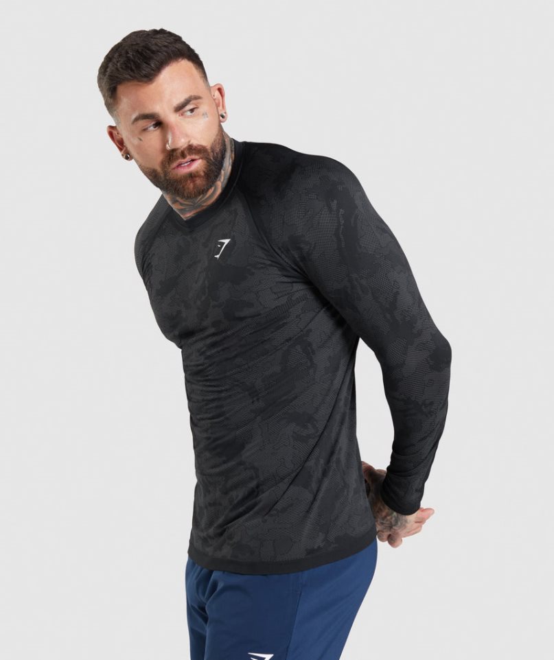 Camiseta Gymshark Geo Seamless Long Sleeve Hombre Negras | ES5376-GP