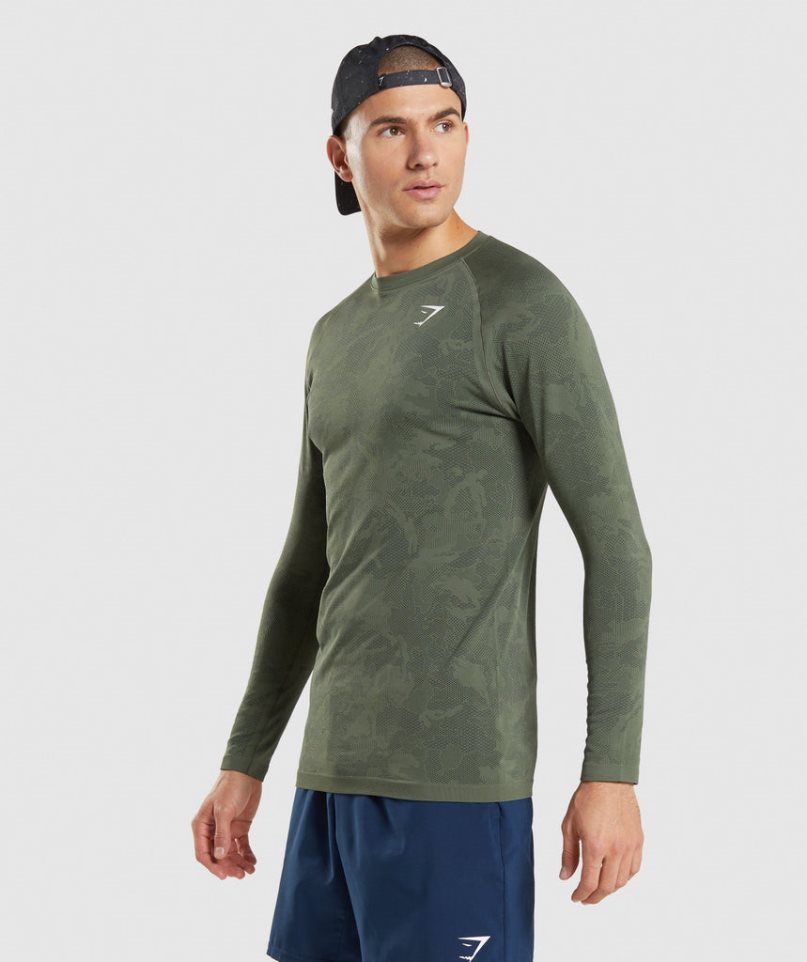 Camiseta Gymshark Geo Seamless Long Sleeve Hombre Verde Oliva | ES5620-LV