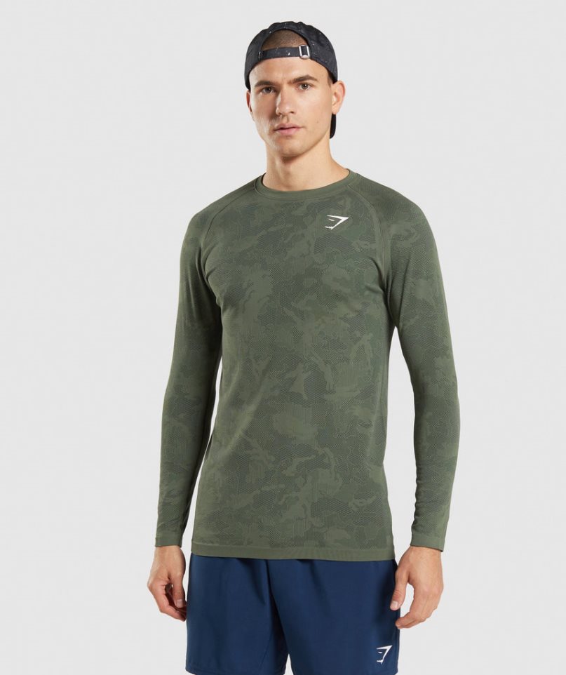 Camiseta Gymshark Geo Seamless Long Sleeve Hombre Verde Oliva | ES5620-LV