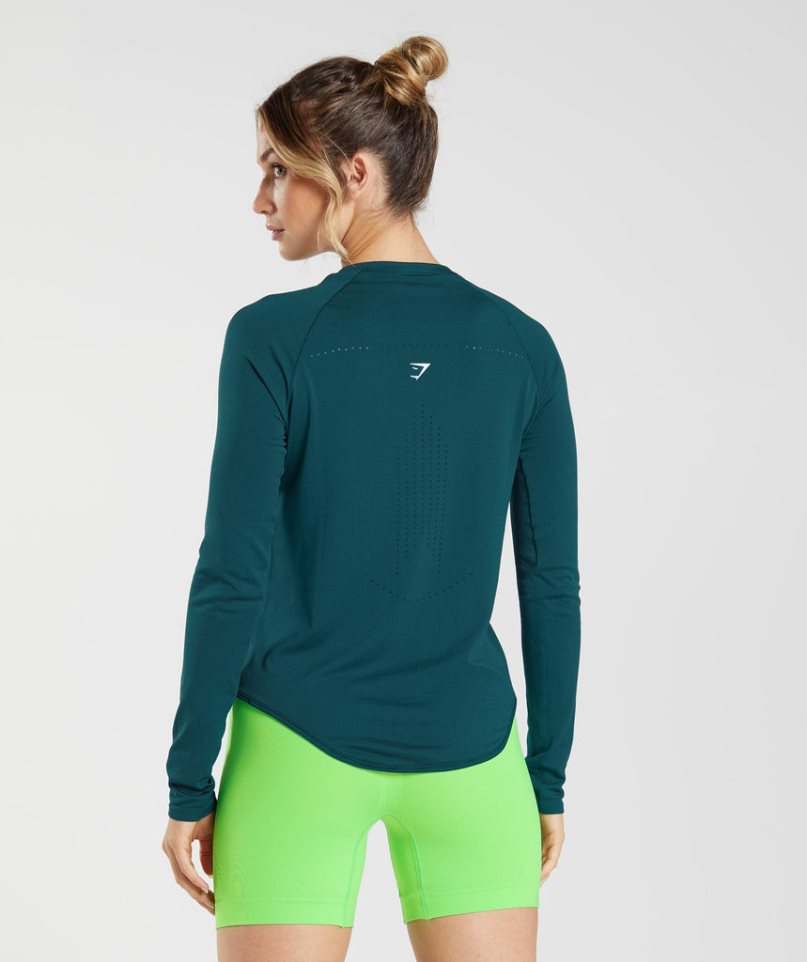 Camiseta Gymshark Sweat Seamless Long Sleeve Top Mujer Turquesa | ES2153-AF