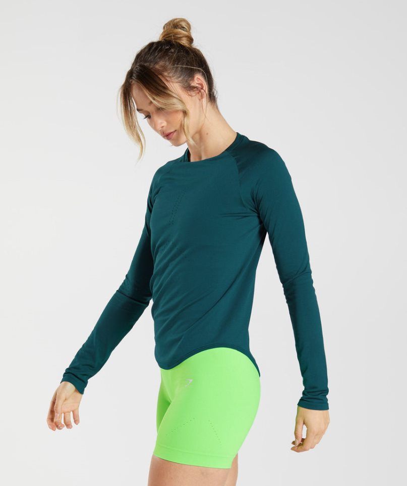 Camiseta Gymshark Sweat Seamless Long Sleeve Top Mujer Turquesa | ES2153-AF