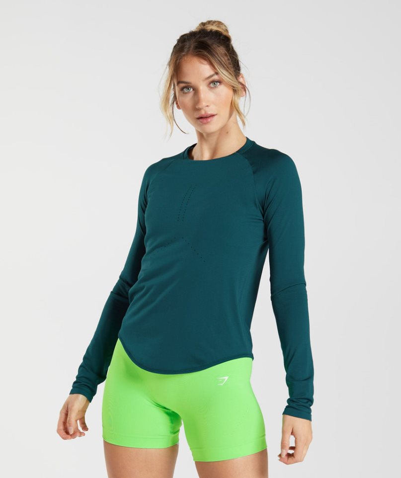 Camiseta Gymshark Sweat Seamless Long Sleeve Top Mujer Turquesa | ES2153-AF